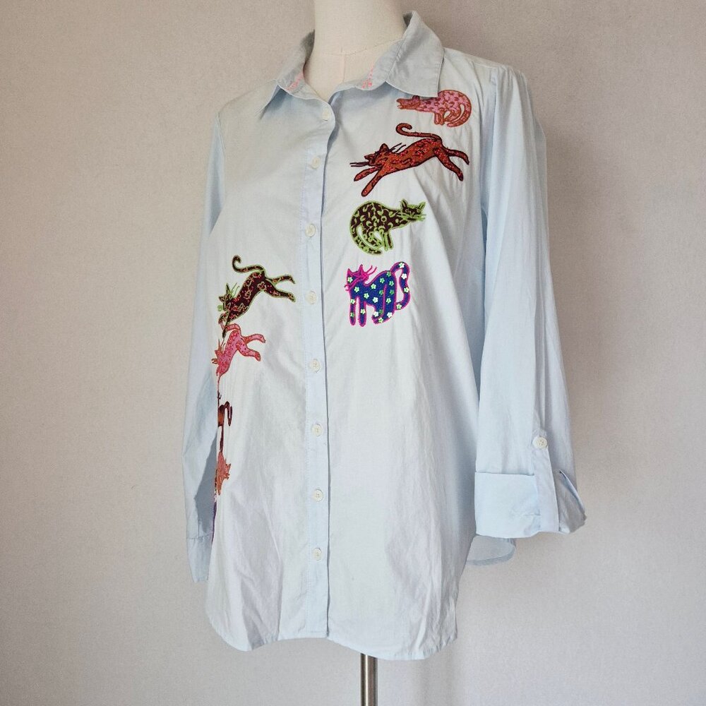 Maeve Light Blue Button-Down Shirt with Multicolor Cat Embroidered Appliqués - Picture 2 of 15